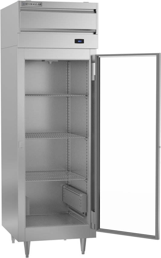 Stainless steel refrigerator with open door on a white background