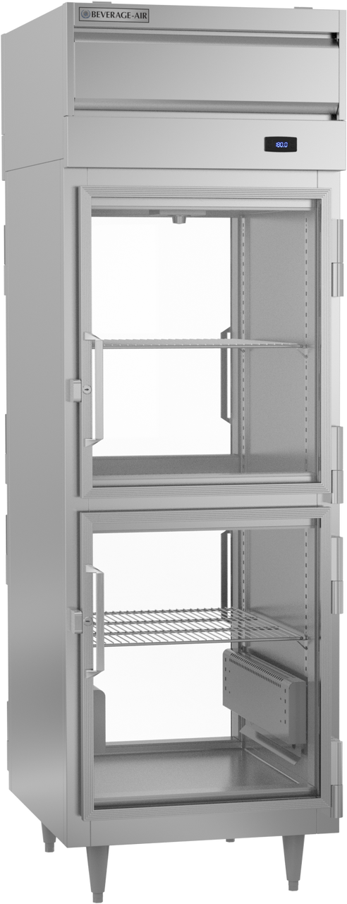 Stainless steel refrigerator with glass door and digital display on a white background