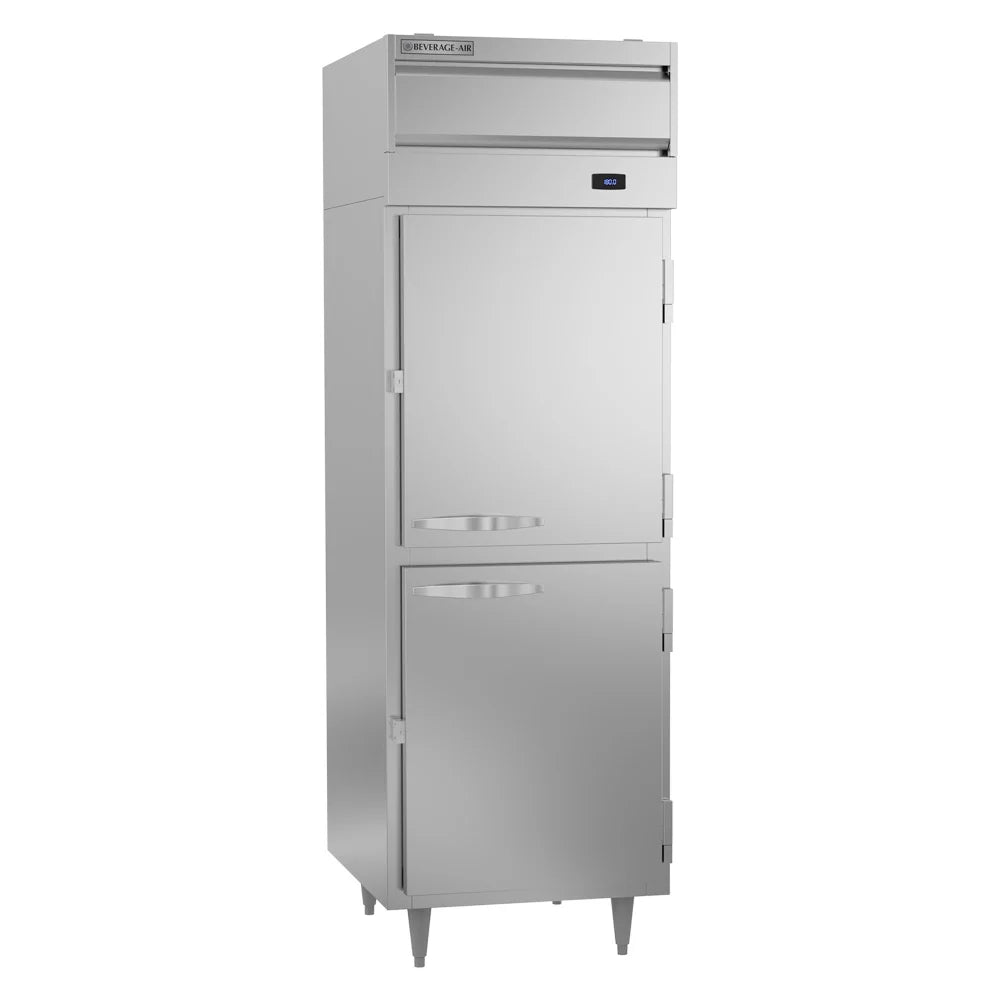 Stainless steel commercial refrigerator on a white background