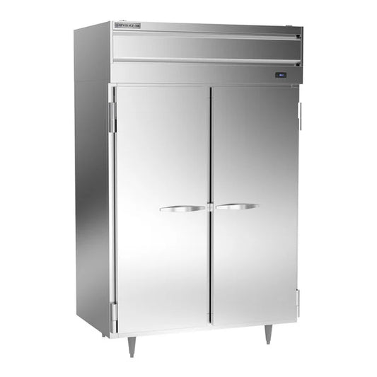 Stainless steel commercial refrigerator on a white background