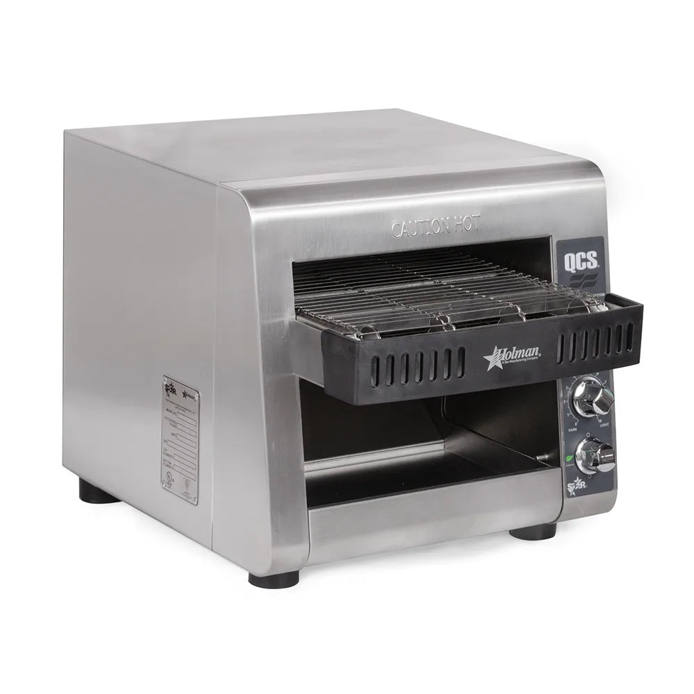 Stainless steel toaster oven with visible brand logo on a white background