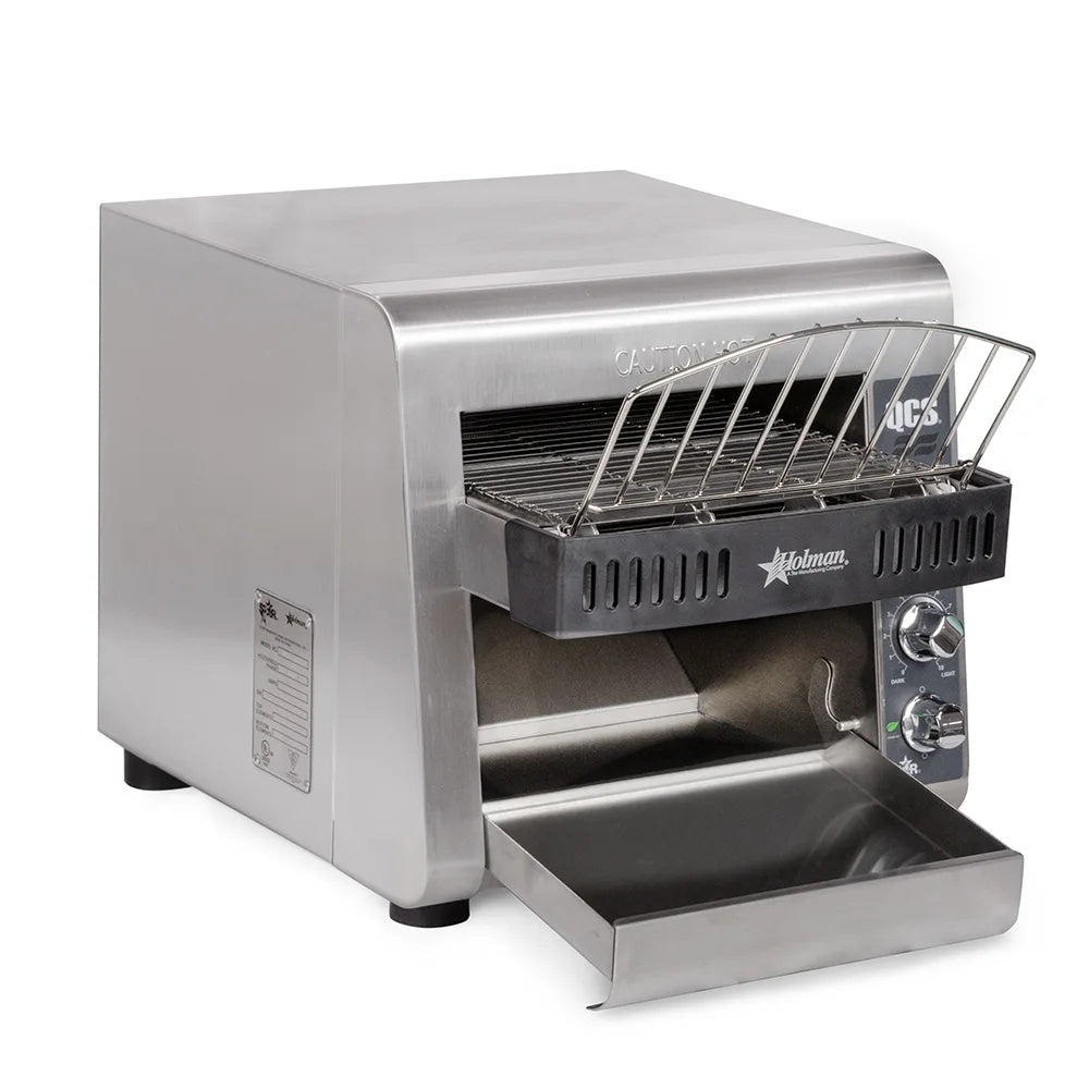Stainless steel toasting machine with open drawer on a white background