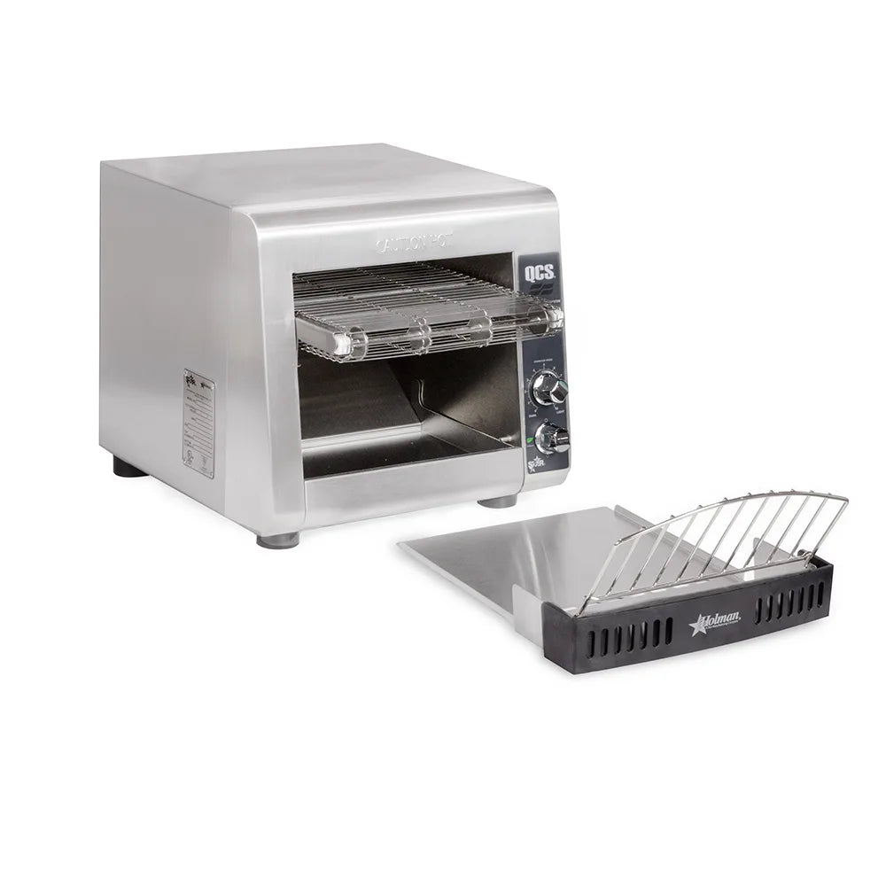 Stainless steel toaster oven with additional tray on a white background