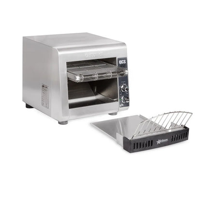 Stainless steel toaster oven with additional tray on a white background