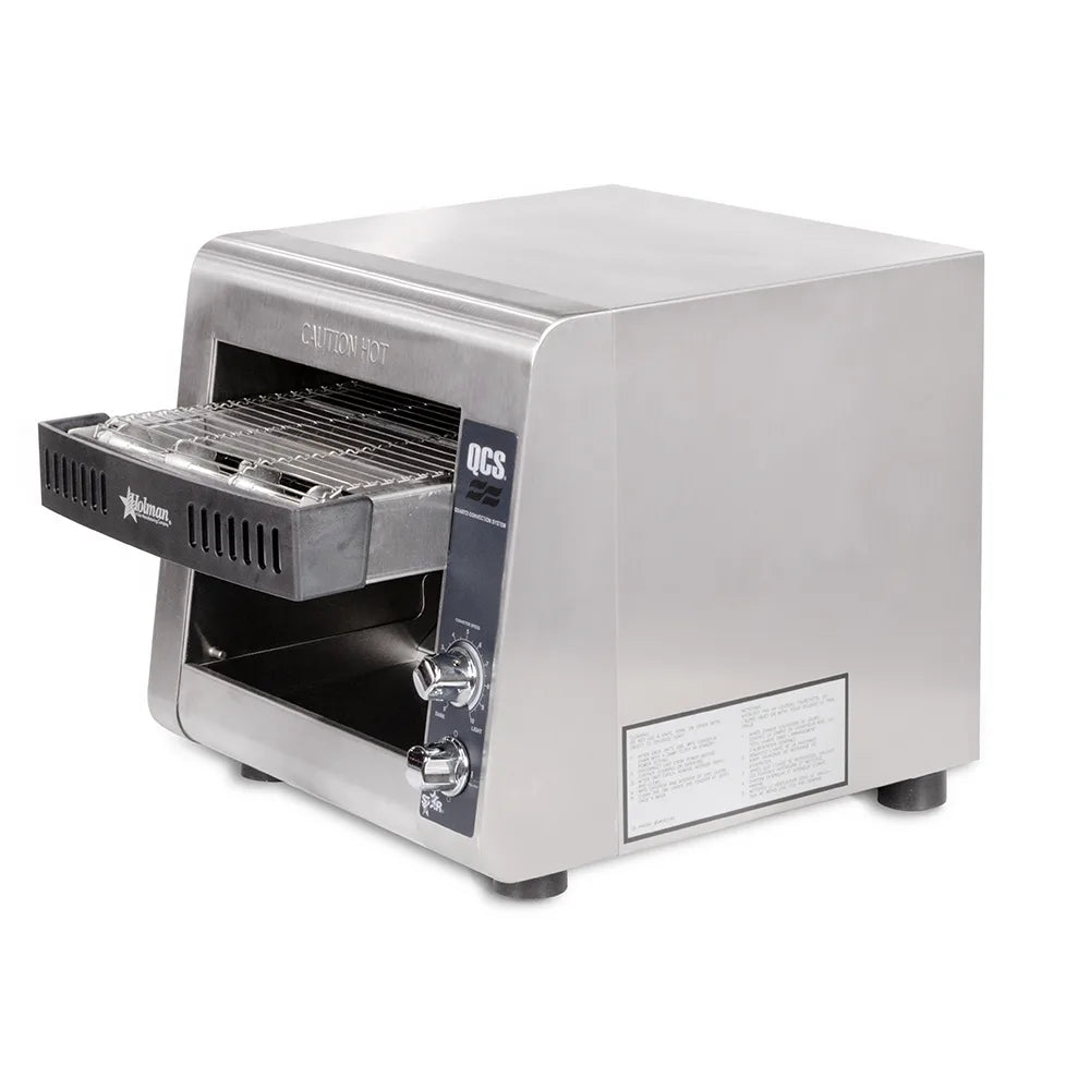 Stainless steel toasting machine on a white background