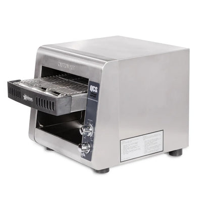 Stainless steel toasting machine on a white background
