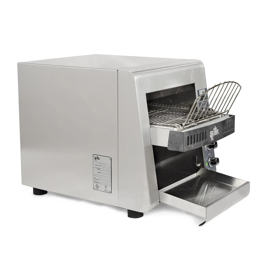 Stainless steel toaster oven with open door on a white background