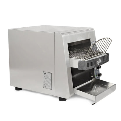 Stainless steel toaster oven with open door on a white background
