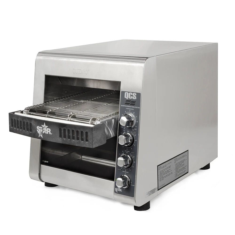 Stainless steel toaster oven with visible brand logo on a white background