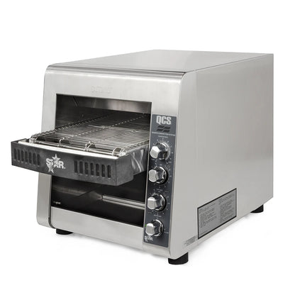 Stainless steel toaster oven with visible brand logo on a white background