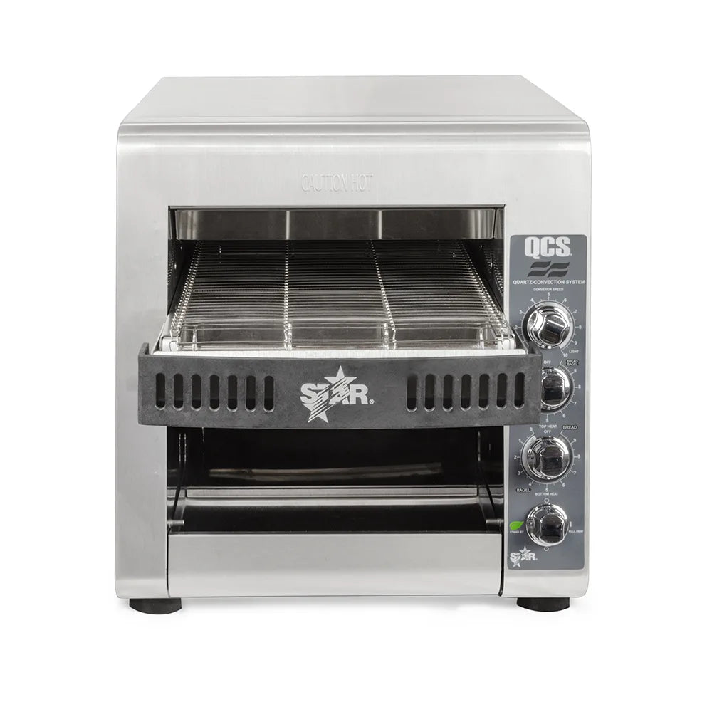 Stainless steel toaster oven with visible brand logo on a white background