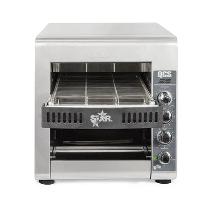 Stainless steel toaster oven with visible brand logo on a white background