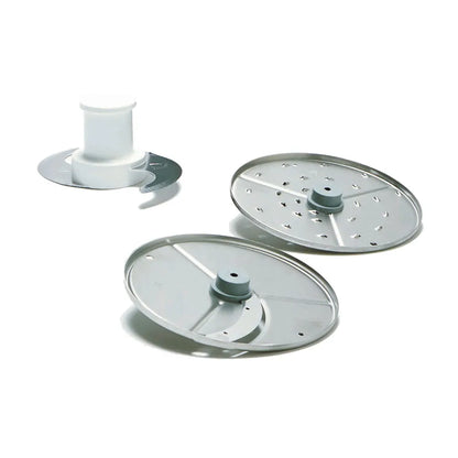 Three metallic disc components on a white background