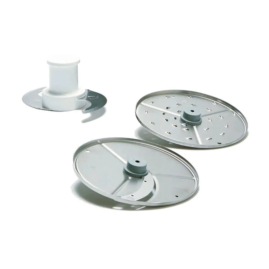 Three metallic disc components on a white background