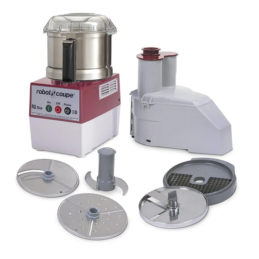 Robot Coupe food processor with attachments on a white background