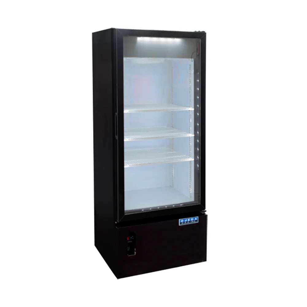 Black glass-fronted refrigerator on a white background