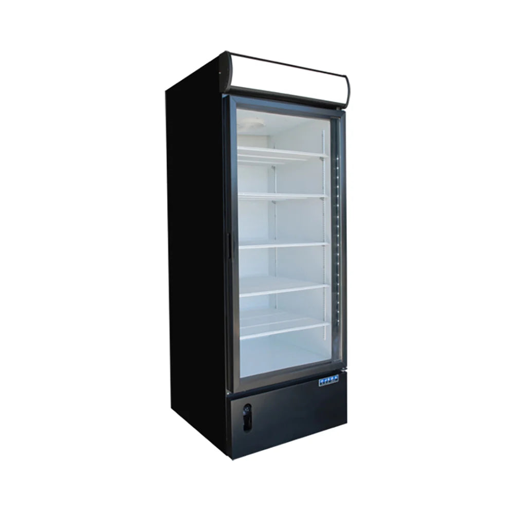 Black display freezer with glass door on a white background