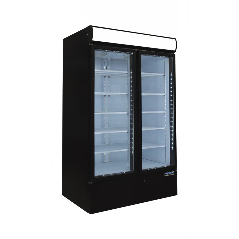 Black double-door commercial refrigerator on a white background