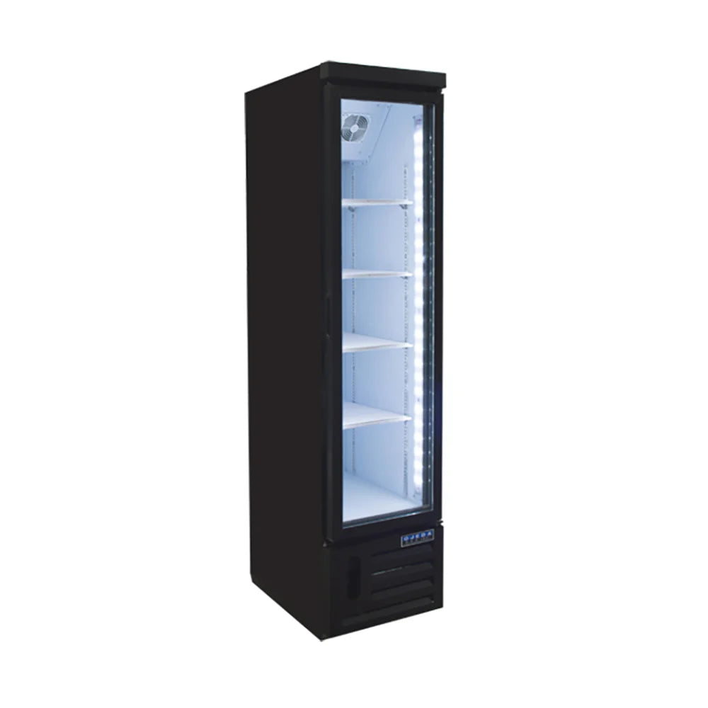 Black glass-fronted refrigerator on a white background