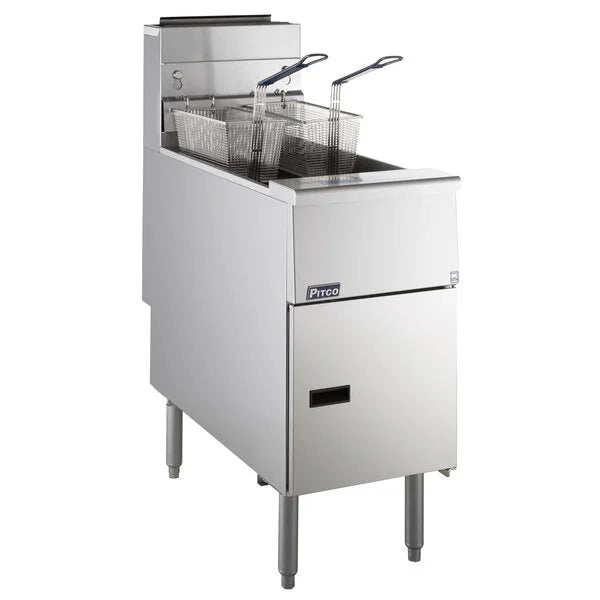 Stainless steel Pitco fryer on a white background