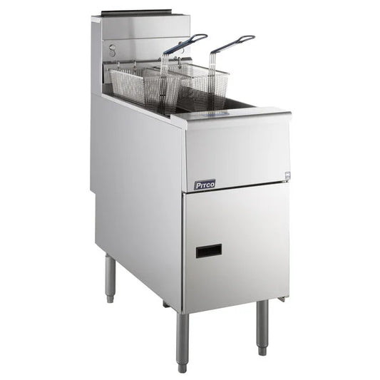 Stainless steel Pitco fryer on a white background