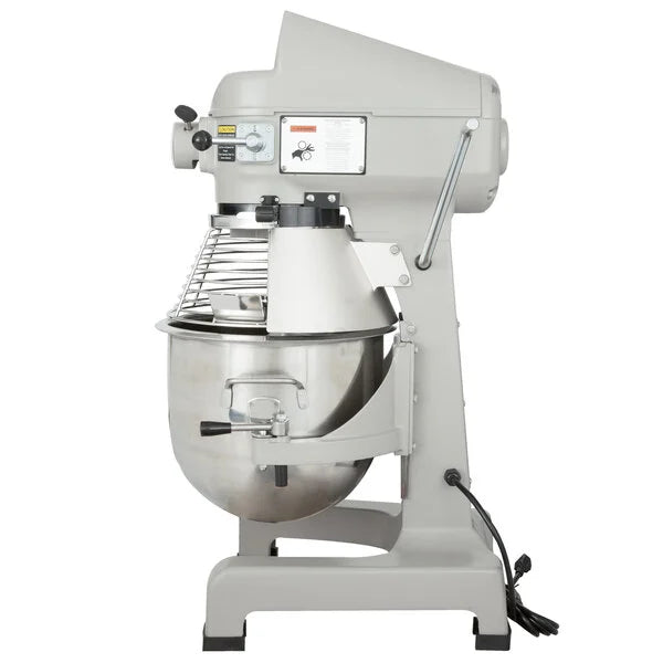 Commercial mixer with a white body and metal bowl on a white background