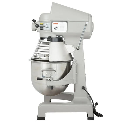 Commercial mixer with a white body and metal bowl on a white background