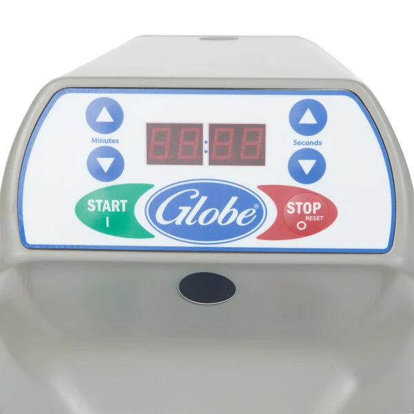 Globe timer with digital display and control buttons on a white background
