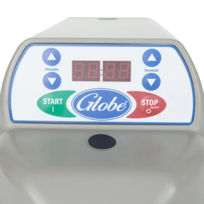 Globe timer with digital display and control buttons on a white background
