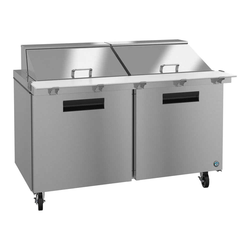 Stainless steel refrigerated counter with two doors on a white background