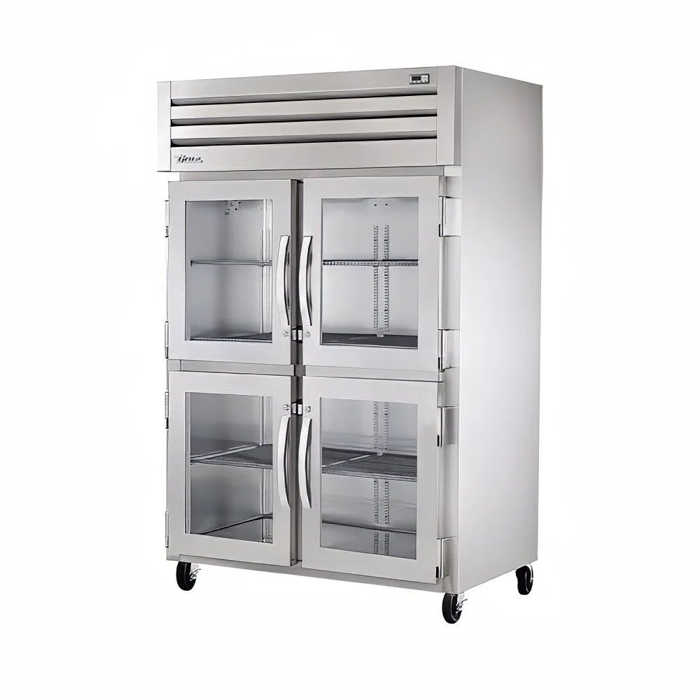 Stainless steel commercial refrigerator with glass doors on a white background