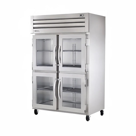 Stainless steel commercial refrigerator with glass doors on a white background