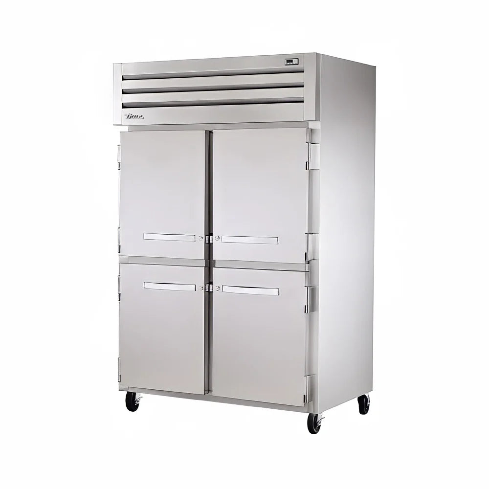 Stainless steel commercial refrigerator with multiple doors on a white background