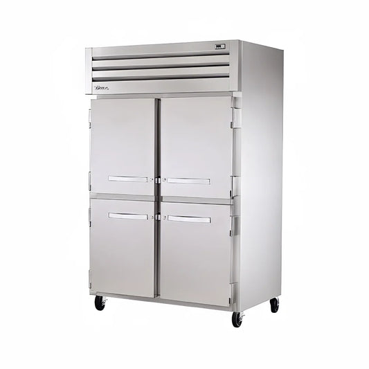 Stainless steel commercial refrigerator with multiple doors on a white background