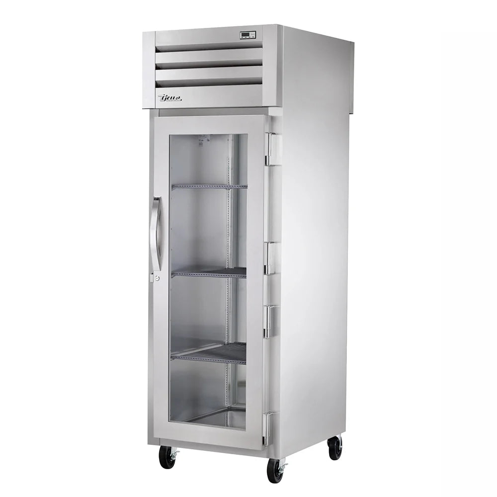 Stainless steel commercial refrigerator with glass door on a white background