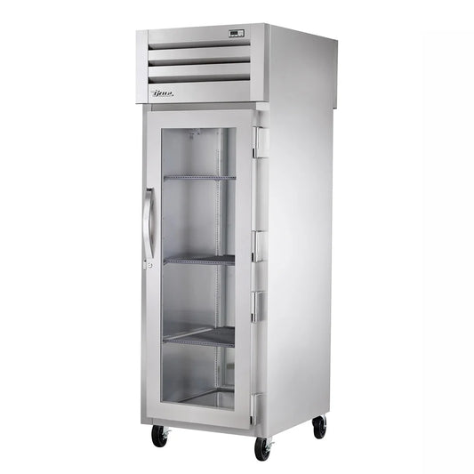 Stainless steel commercial refrigerator with glass door on a white background