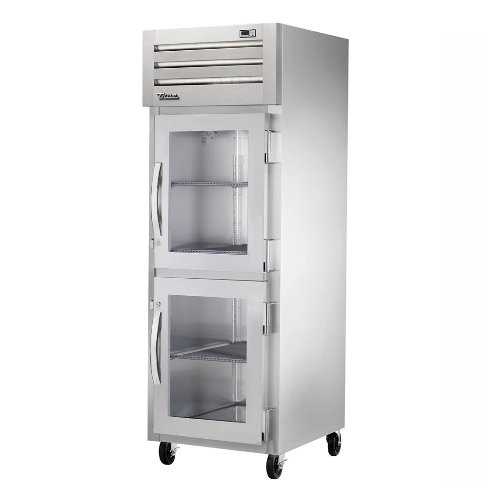 Stainless steel commercial refrigerator with glass doors on a white background