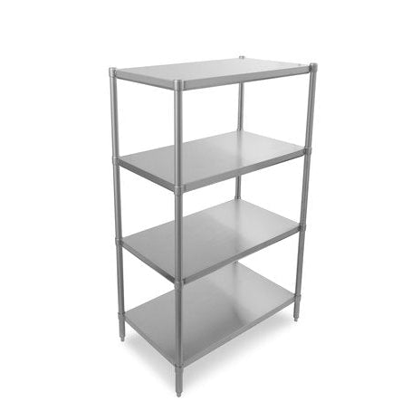 Metal shelving unit with four shelves on a white background