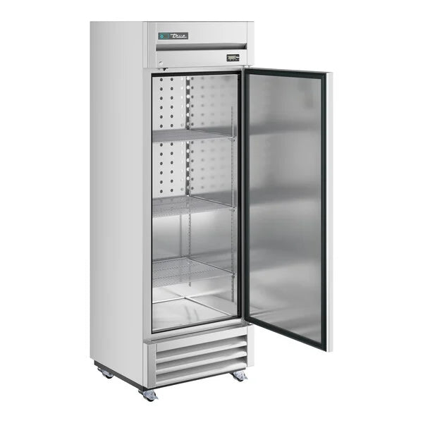 Commercial refrigerator with open door on a white background