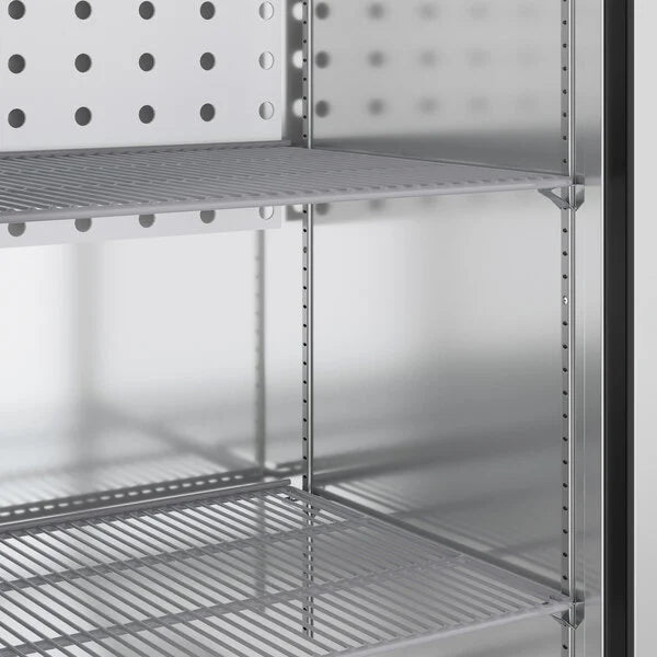 Metal shelving unit with multiple shelves in a kitchen setting