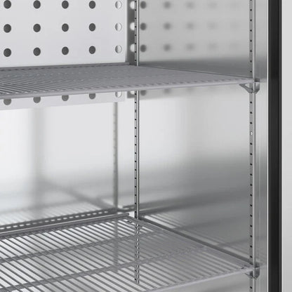 Metal shelving unit with multiple shelves in a kitchen setting
