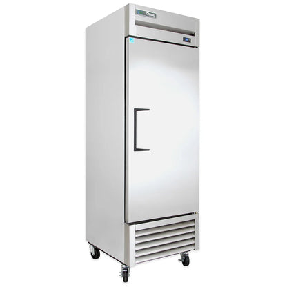Stainless steel commercial refrigerator on a white background