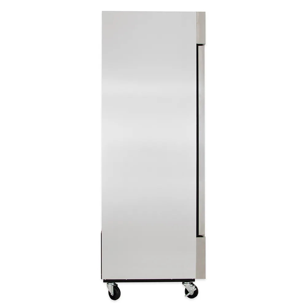 White freezer on wheels with a black handle on a white background