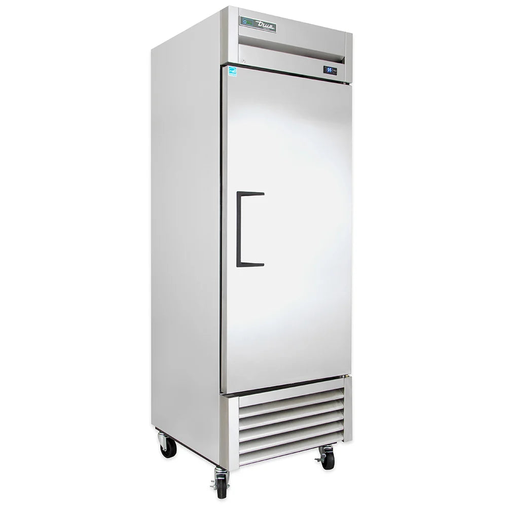 Stainless steel commercial refrigerator on a white background