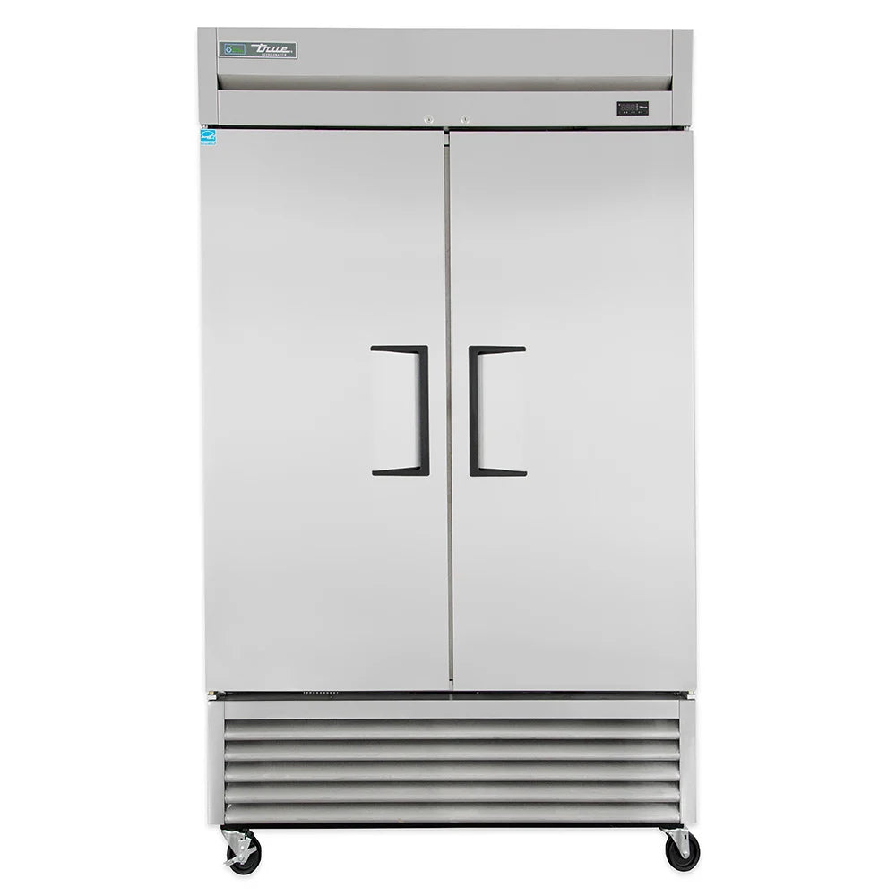 Stainless steel commercial refrigerator with double doors on a white background