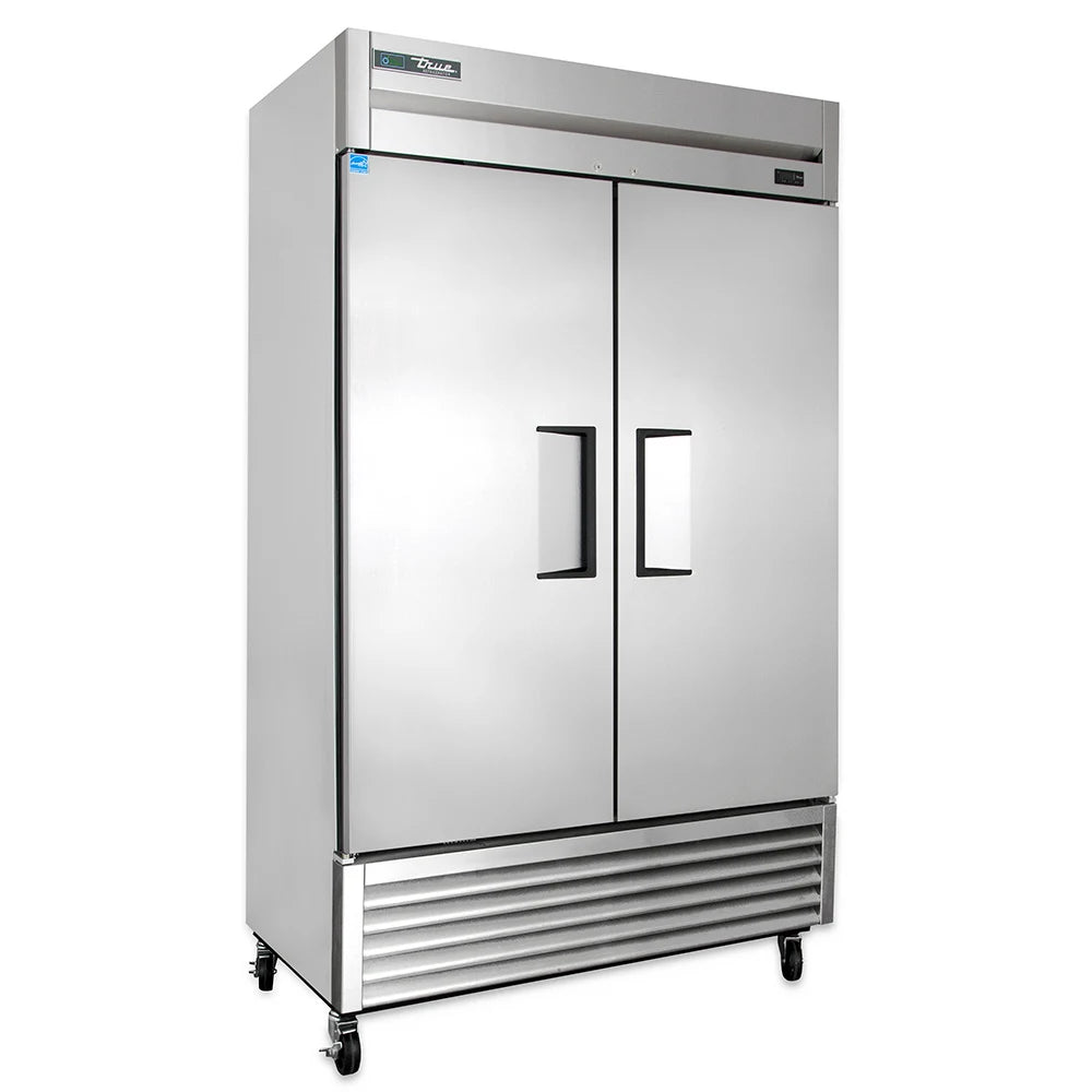 Stainless steel commercial refrigerator with two doors on a white background