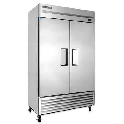 Stainless steel commercial refrigerator with two doors on a white background