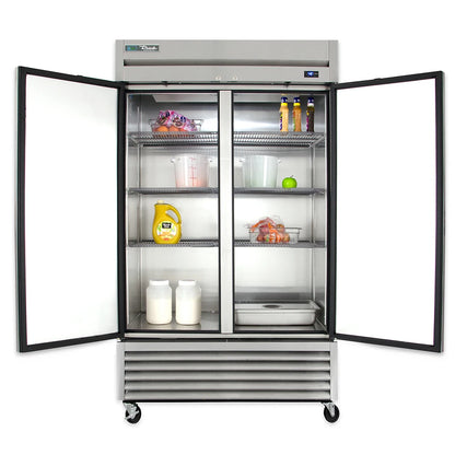 Commercial refrigerator with open doors displaying various items on a white background
