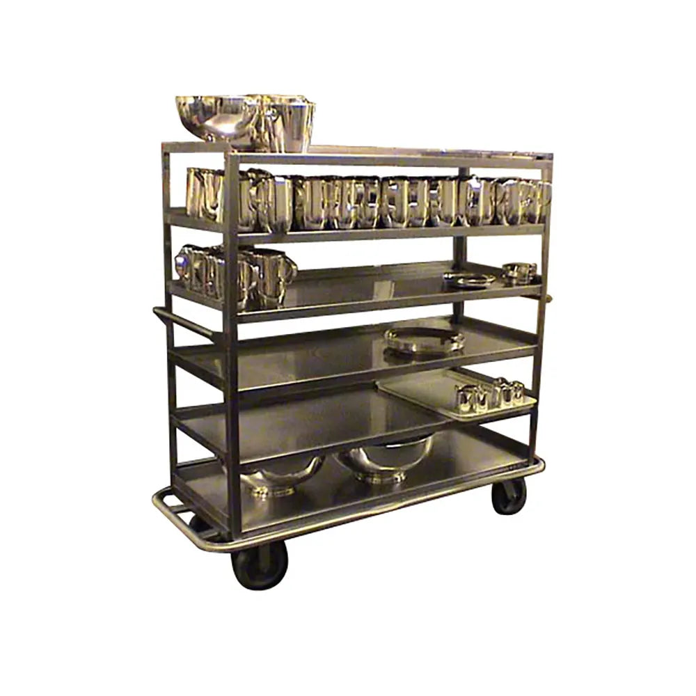 Stainless steel cart with various kitchen utensils on a white background