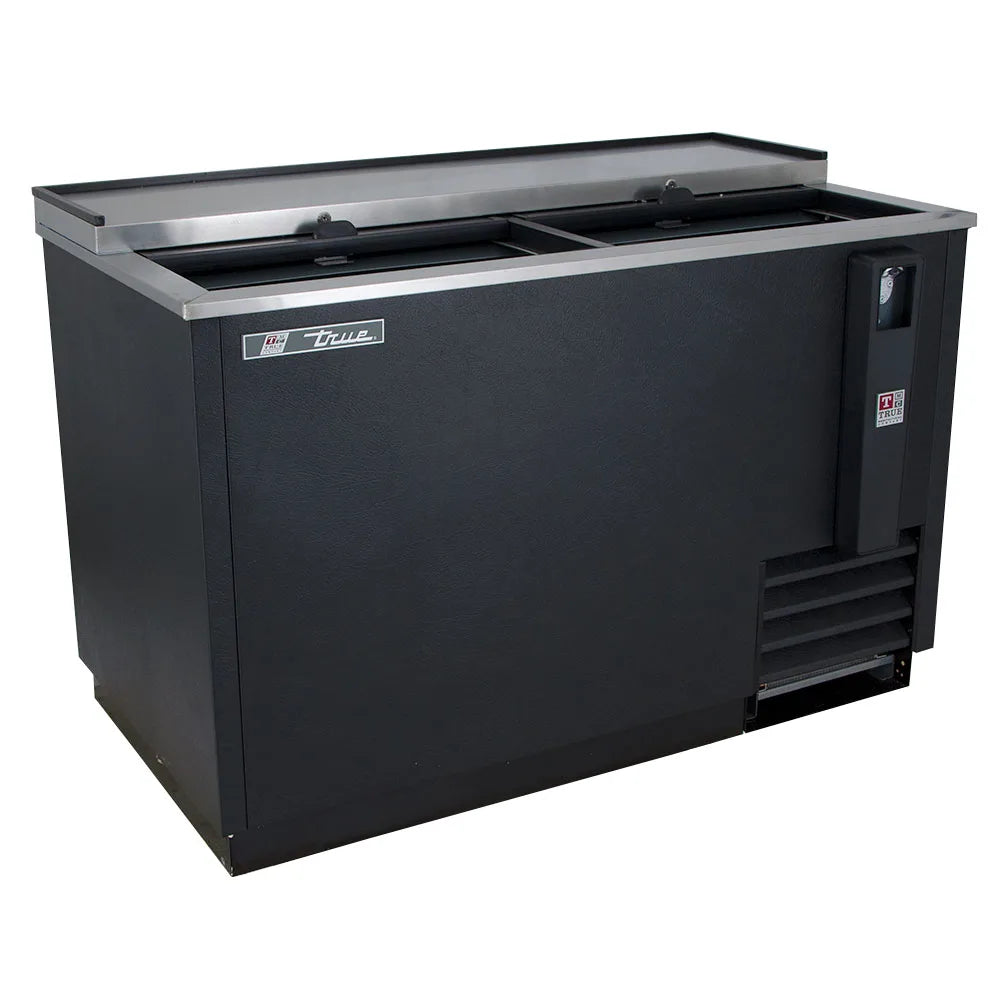 Black refrigerated display case with a silver top on a white background